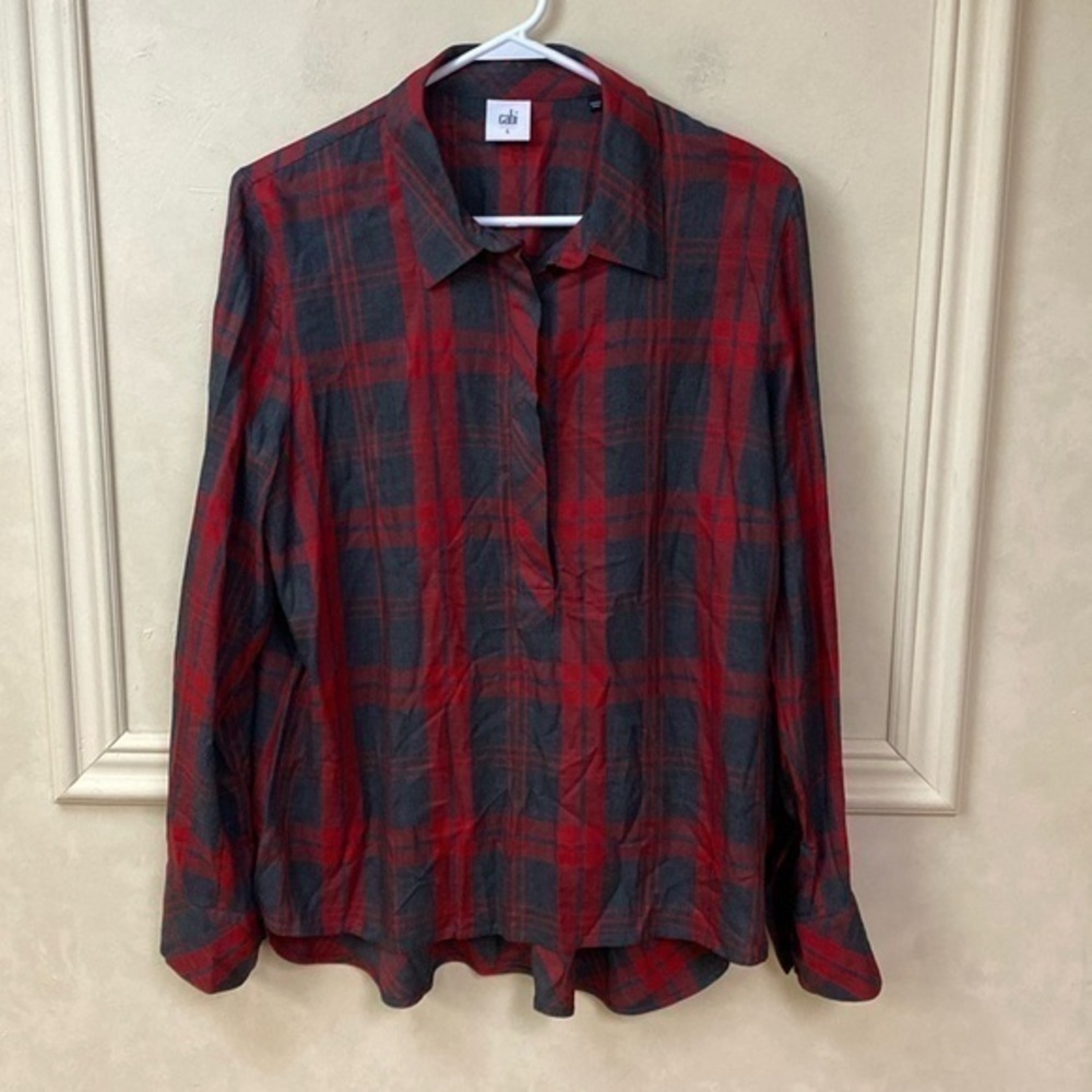 Cabi #3587 Cunningham Red/Gray Plaid Popover Shirt Large